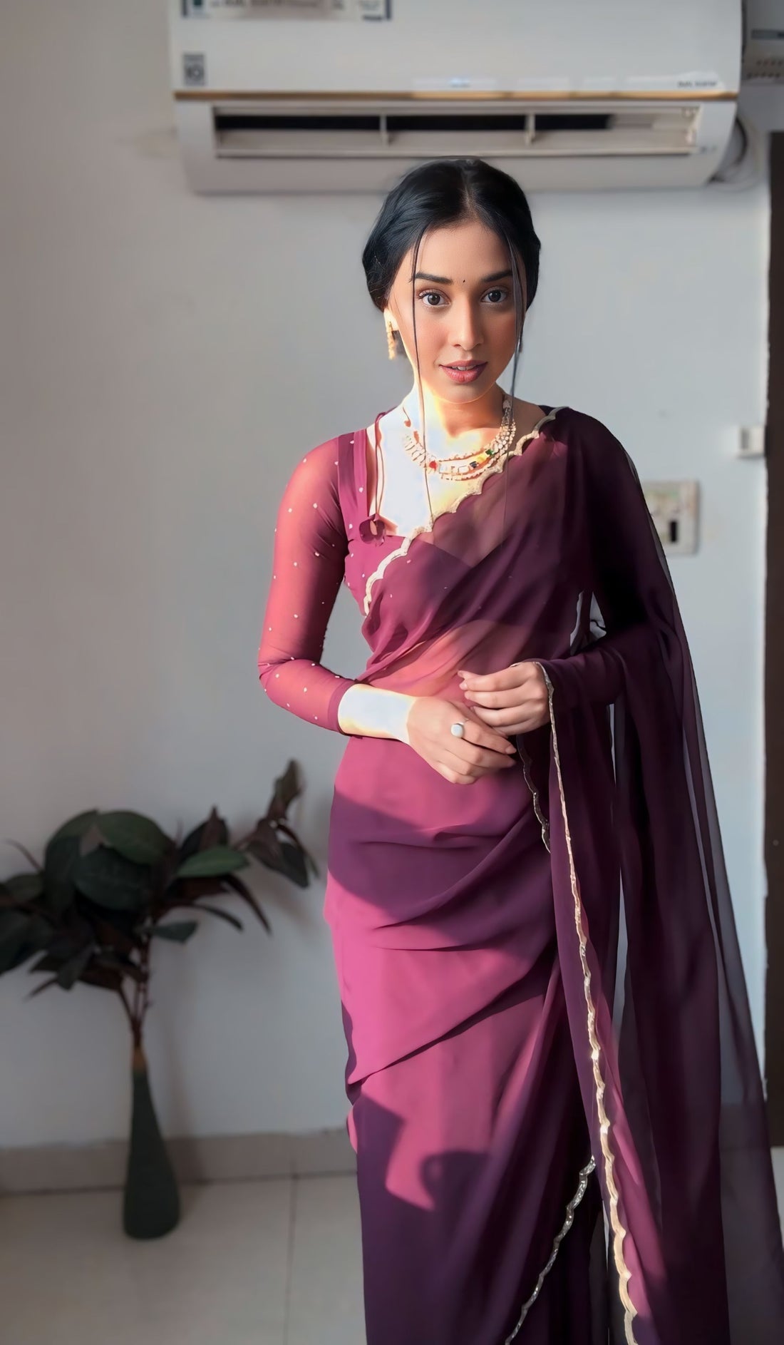 Wine Color, Featuring A Scalloped Border Georgette Ready To Wear Saree With Stitched Blouse