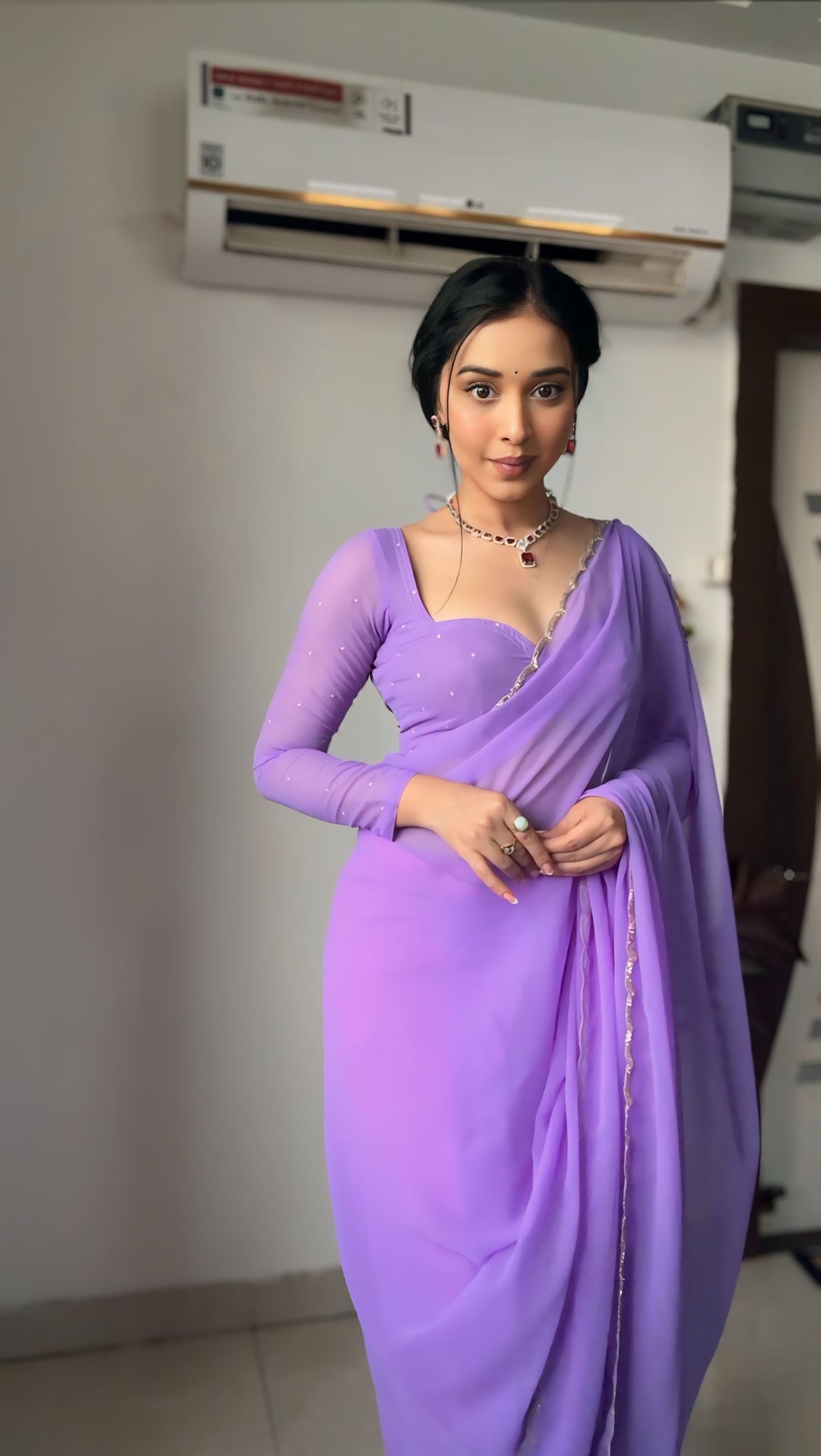 Lavender Color, Featuring A Scalloped Border Georgette Ready To Wear Saree With Stitched Blouse