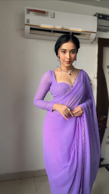 Lavender Color, Featuring A Scalloped Border Georgette Ready To Wear Saree With Stitched Blouse