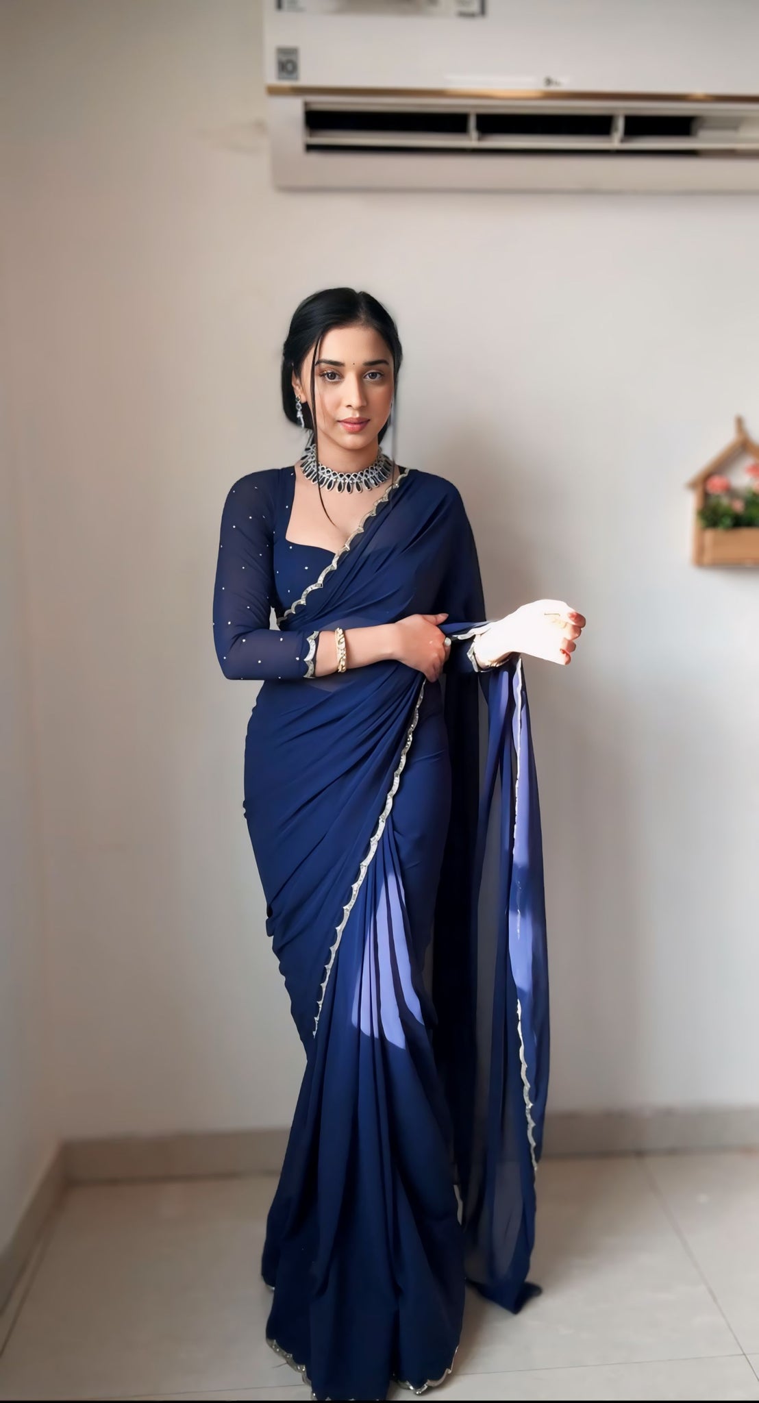 Navy Blue Color, Featuring A Scalloped Border Georgette Ready To Wear Saree With Stitched Blouse