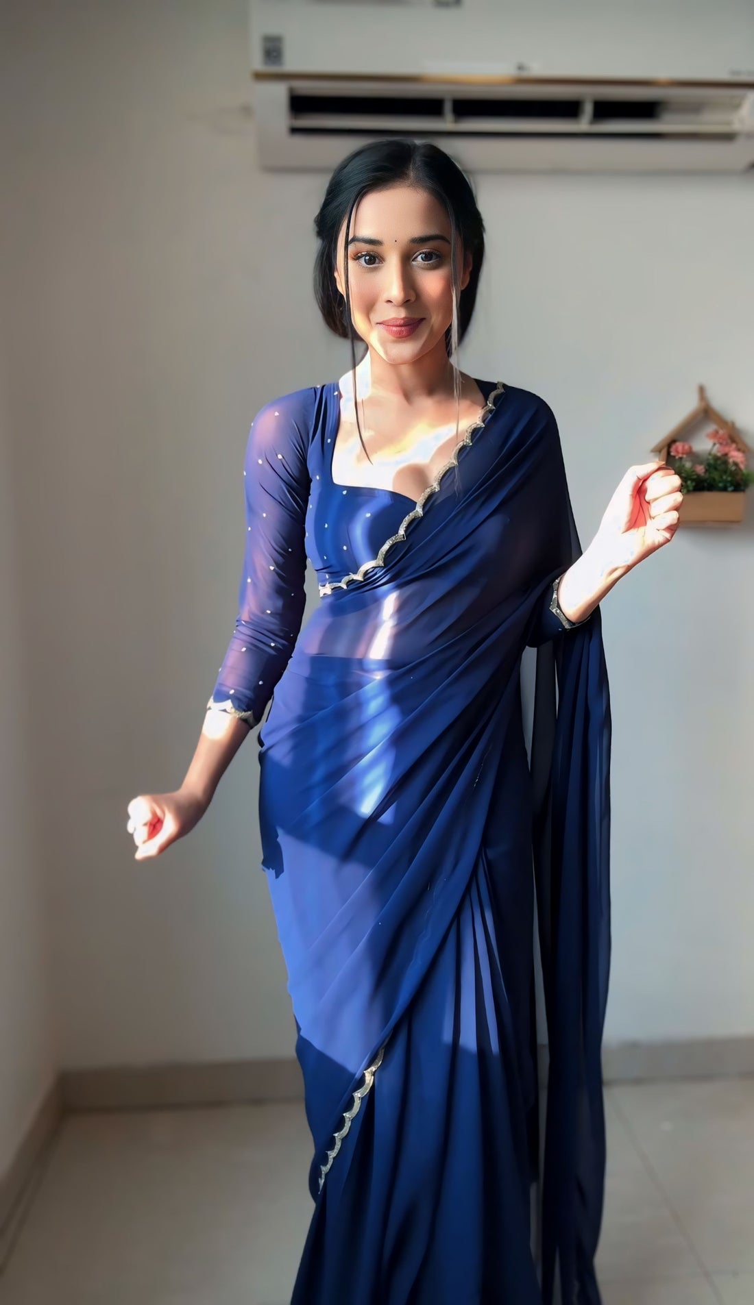 Navy Blue Color, Featuring A Scalloped Border Georgette Ready To Wear Saree With Stitched Blouse