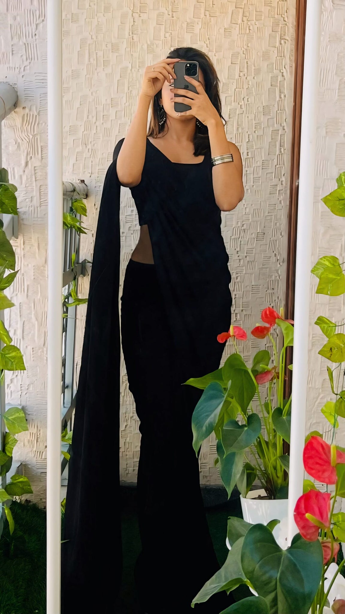 Black Elegant Design Georgette Ready To Wear Saree With Unstitched Blouse
