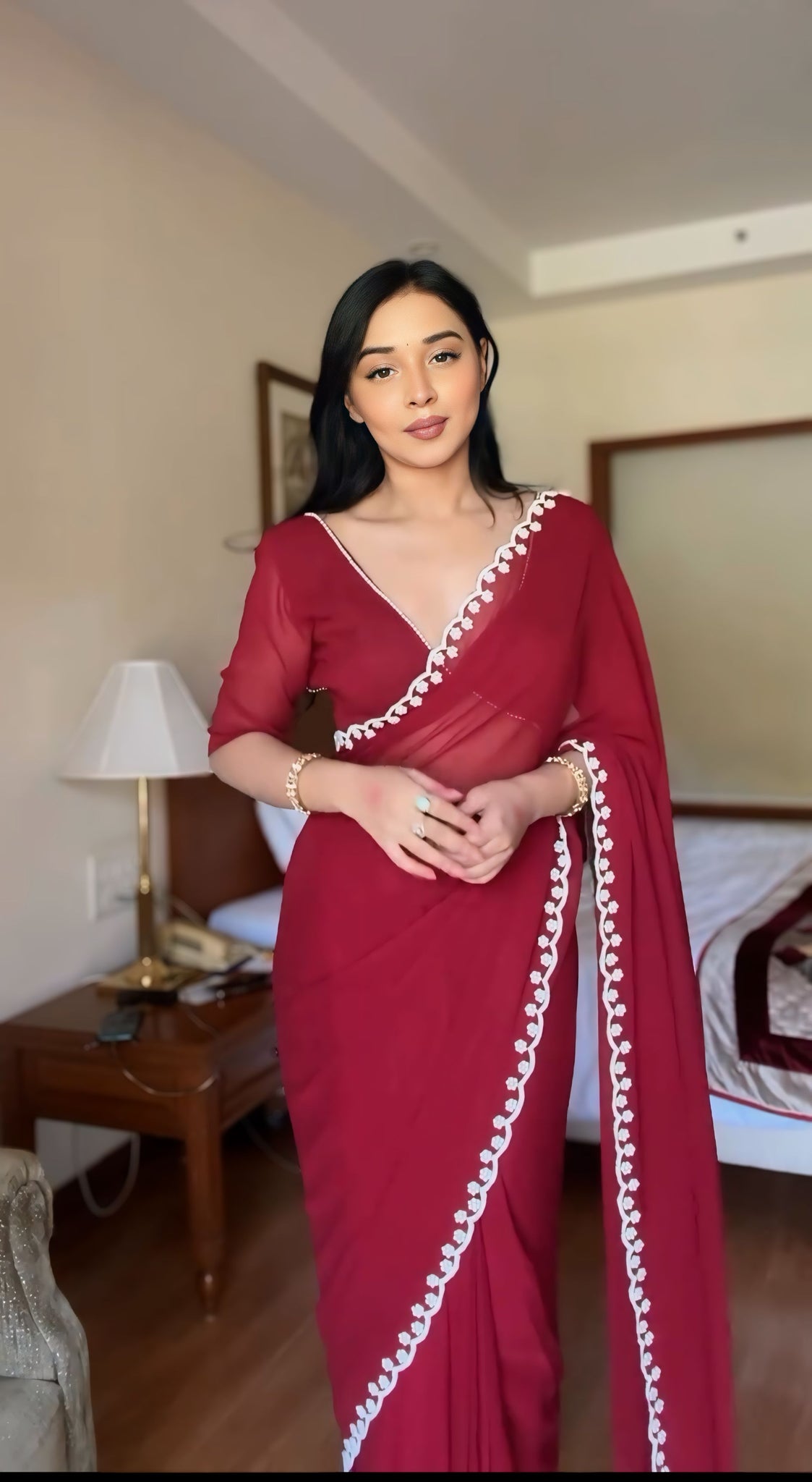 Maroon GeorgetteEmbroidered Scallop Lace On The Borders Georgette Ready To Wear Saree With Unstitched Blouse