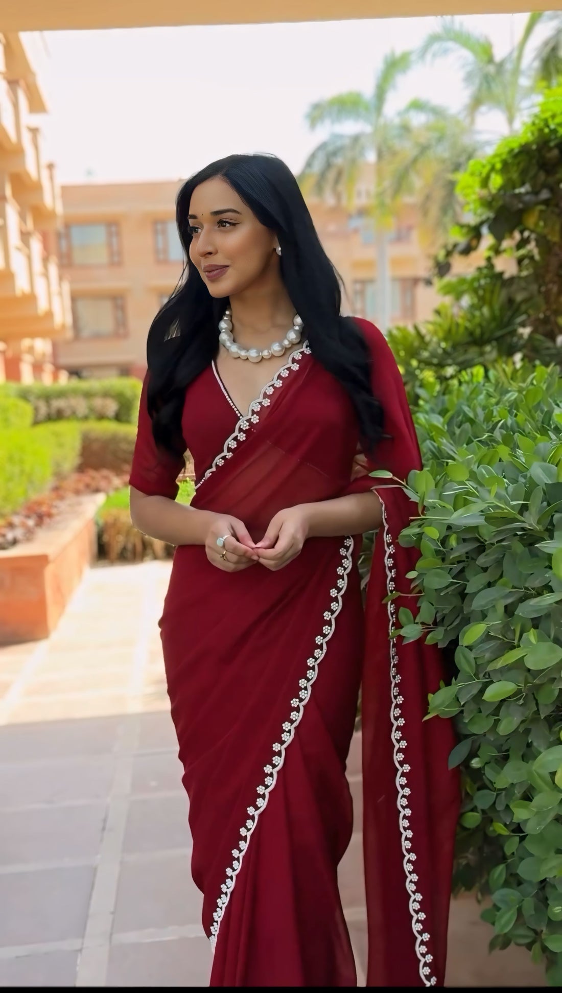 Maroon GeorgetteEmbroidered Scallop Lace On The Borders Georgette Ready To Wear Saree With Unstitched Blouse