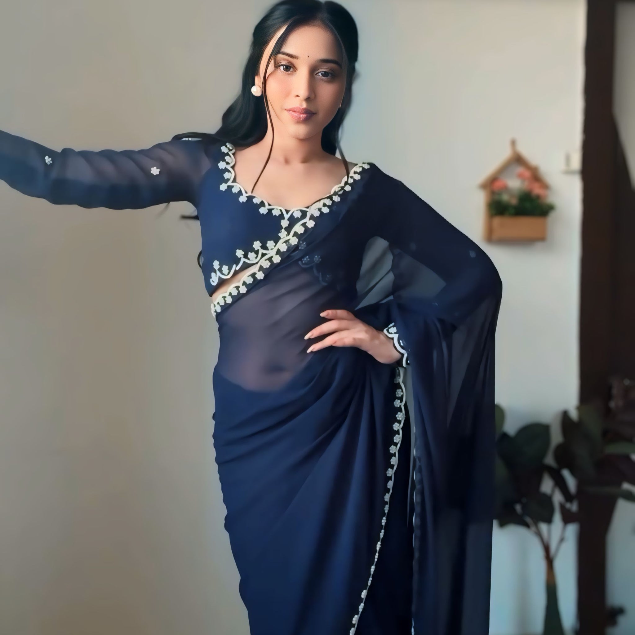 Navy Blue GeorgetteEmbroidered Scallop Lace On The Borders Georgette Ready To Wear Saree With Unstitched Blouse