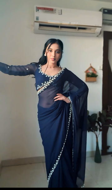 Navy Blue GeorgetteEmbroidered Scallop Lace On The Borders Georgette Ready To Wear Saree With Unstitched Blouse