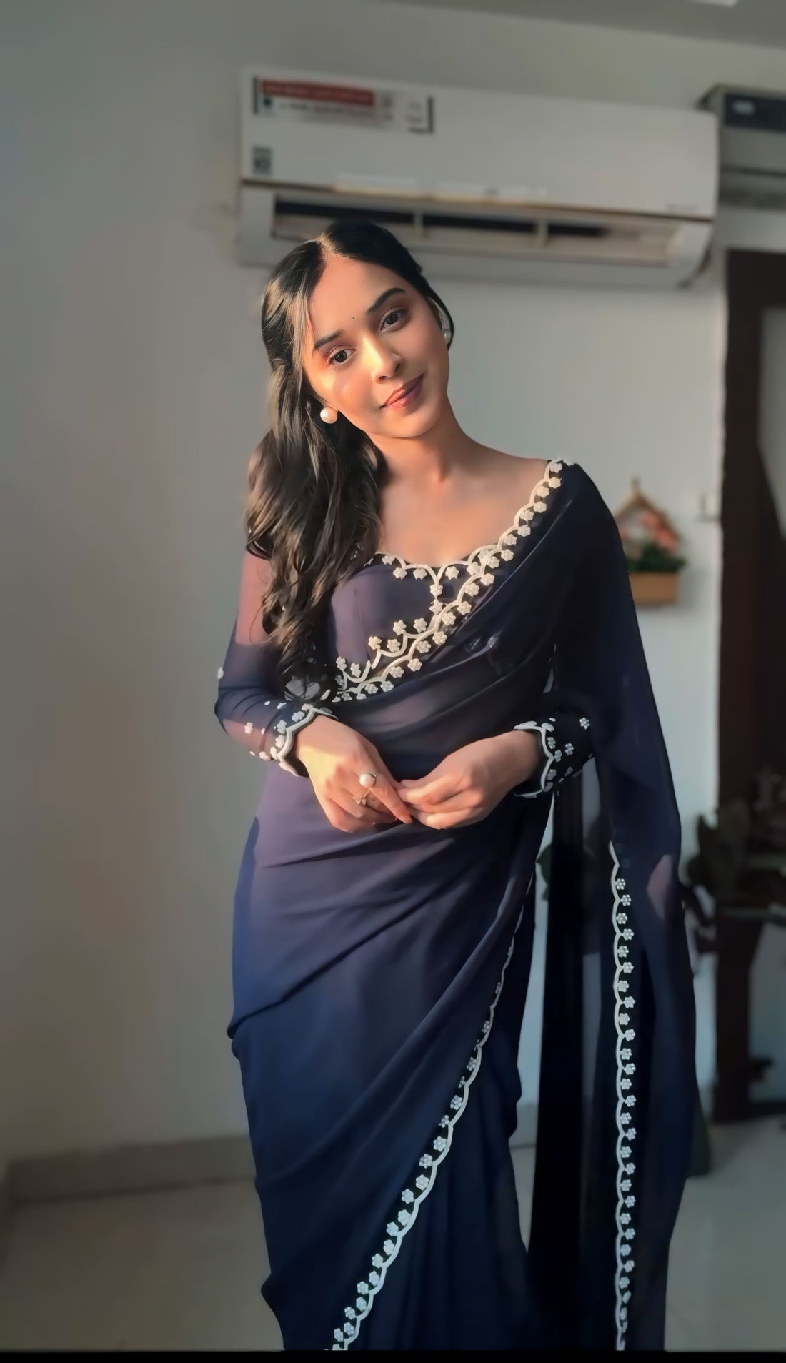 Navy Blue GeorgetteEmbroidered Scallop Lace On The Borders Georgette Ready To Wear Saree With Unstitched Blouse