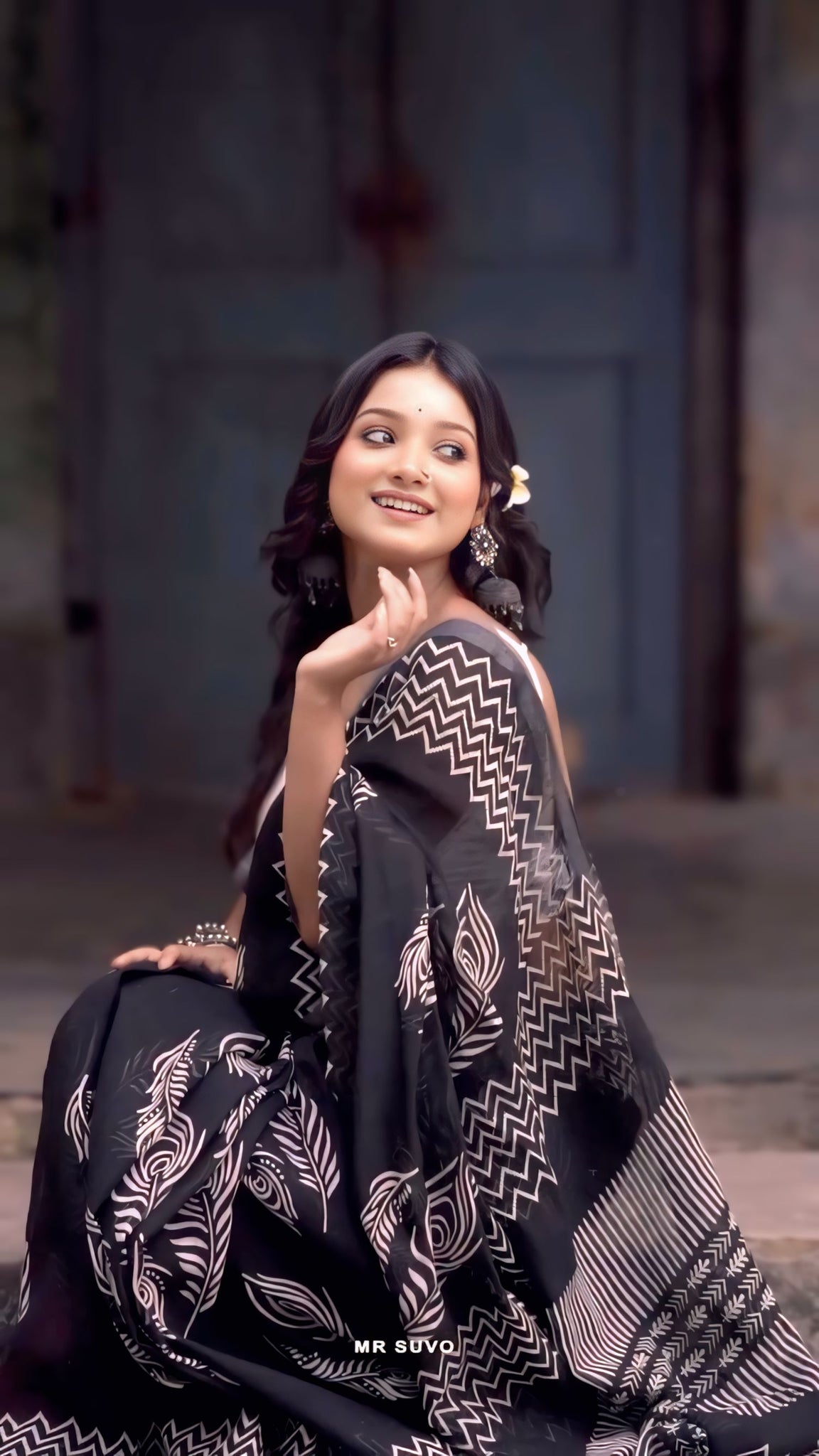 Soft Linen Black Colours Design Digital Print Ready To Wear Saree With Unstitched Blouse