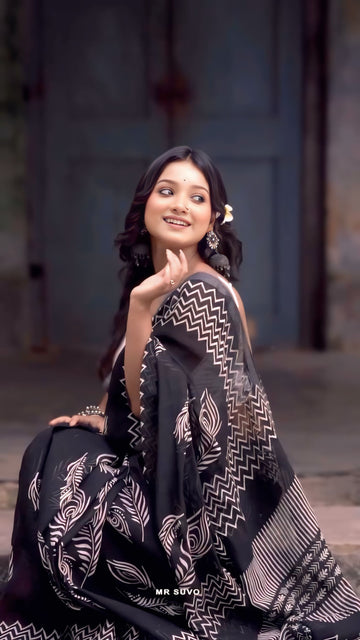 Soft Linen Black Colours Design Digital Print Ready To Wear Saree With Unstitched Blouse