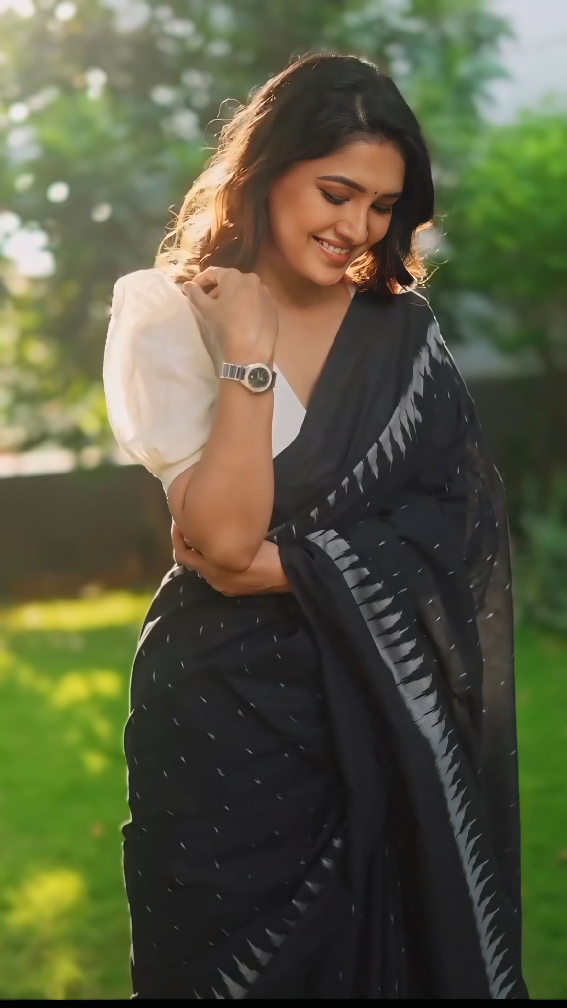 Soft Linen Black Colours Digital Print Design  Ready To Wear Saree With Unstitched Blouse