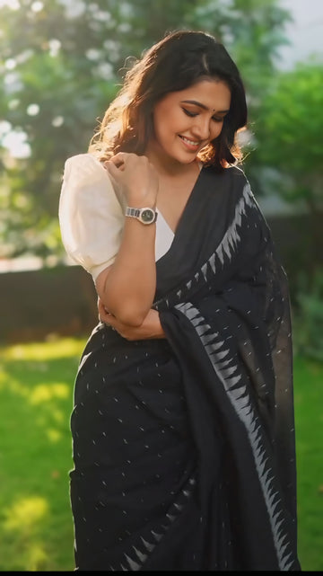 Soft Linen Black Colours Digital Print Design  Ready To Wear Saree With Unstitched Blouse