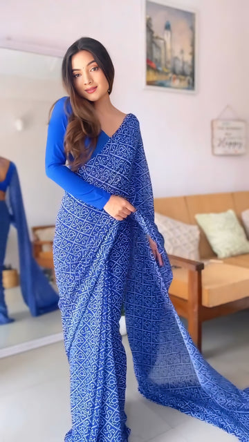 Elegant Ready To Wear Blue Bandhani Georgette Saree with Unstitched Blouse Piece