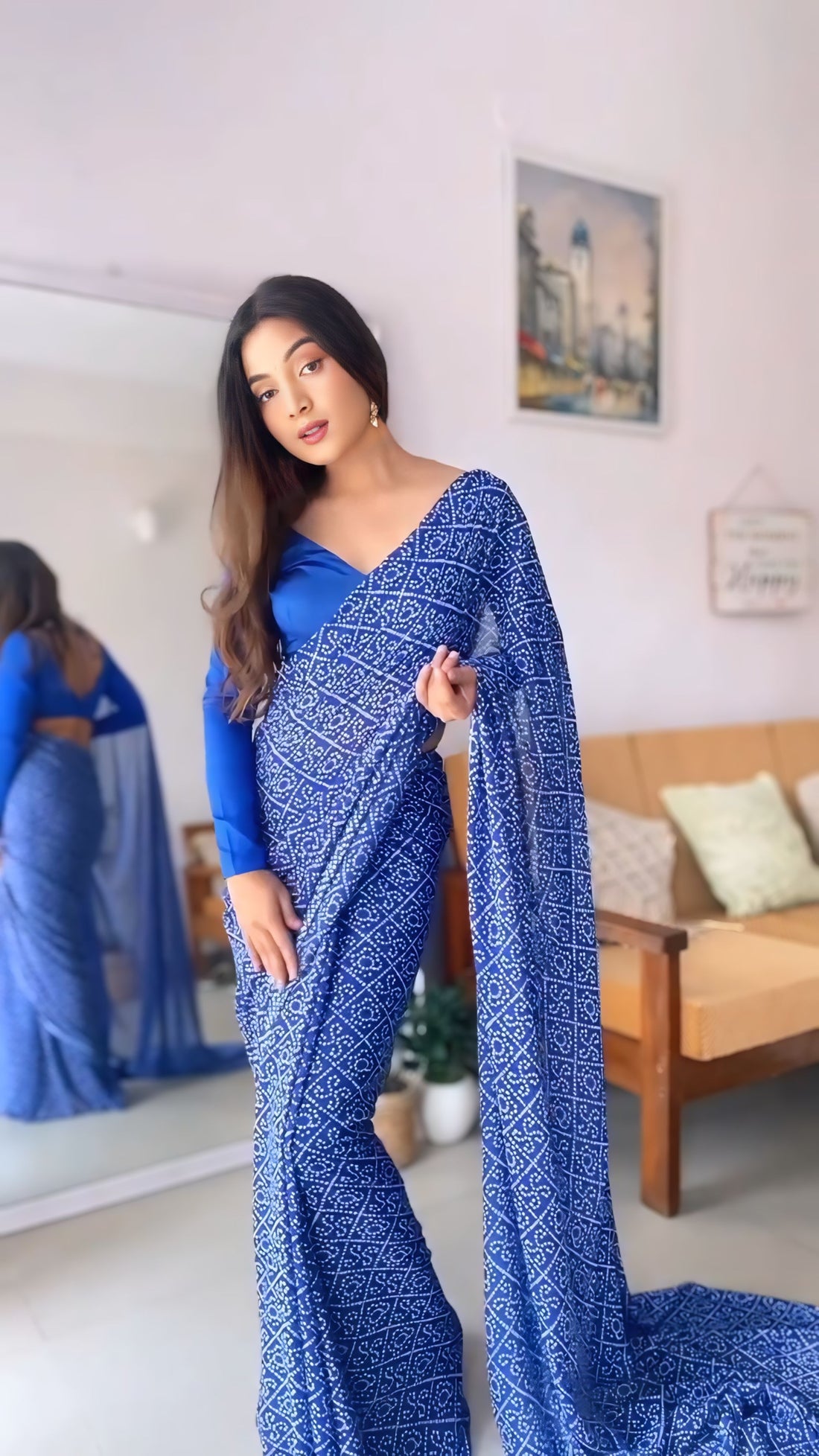 Elegant Ready To Wear Blue Bandhani Georgette Saree with Unstitched Blouse Piece