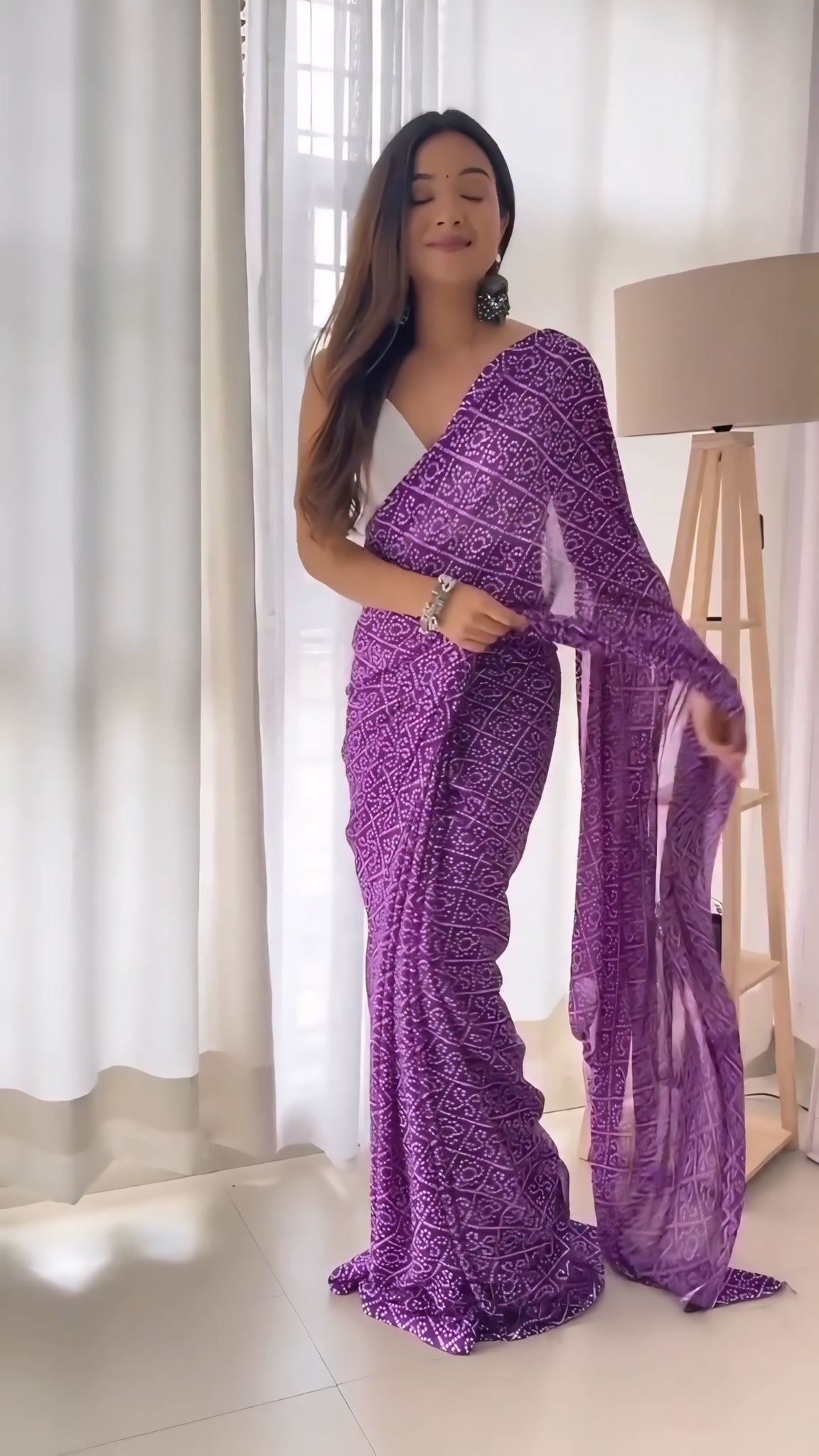 Ready To Wear Purple Bandhani Georgette Saree with Unstitched Blouse Piece