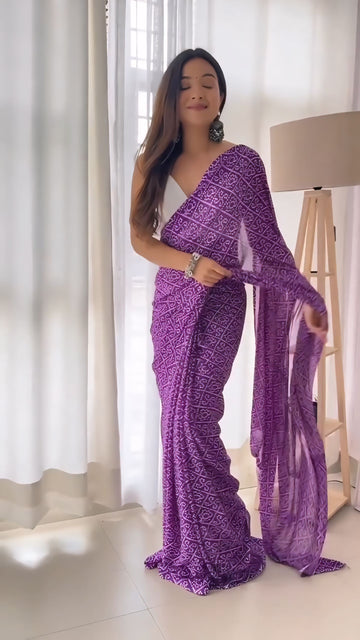 Ready To Wear Purple Bandhani Georgette Saree with Unstitched Blouse Piece