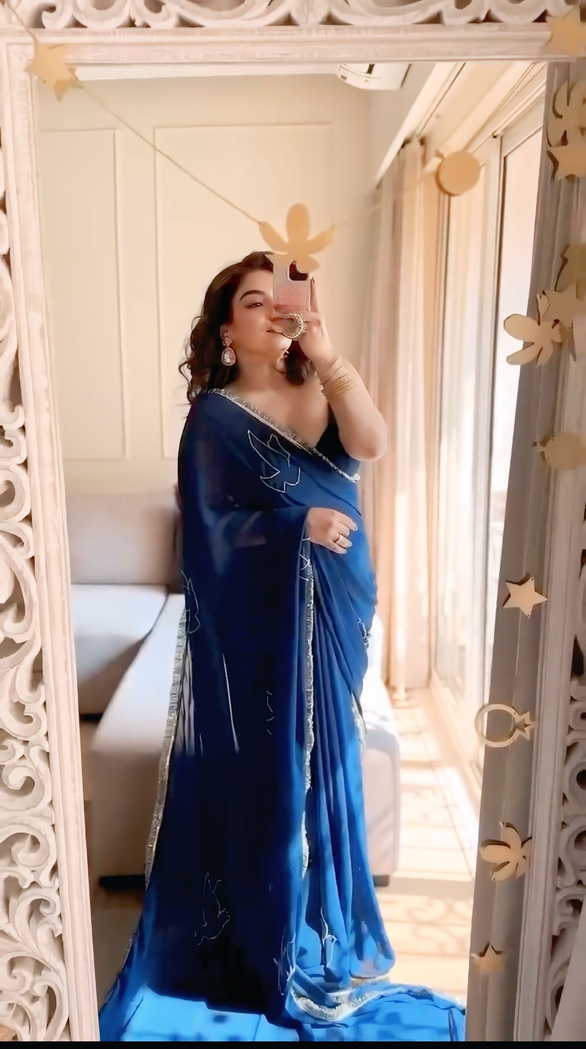 Navy Blue Ready To Wear Saree with Chic Bird Embroidery & Sequin Border  Effortless Elegance for Every Occasion