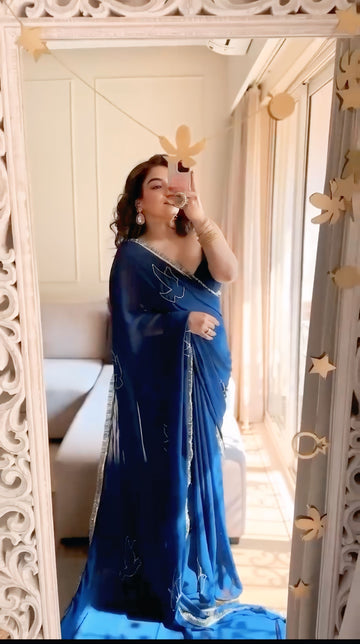 Navy Blue Ready To Wear Saree with Chic Bird Embroidery & Sequin Border  Effortless Elegance for Every Occasion