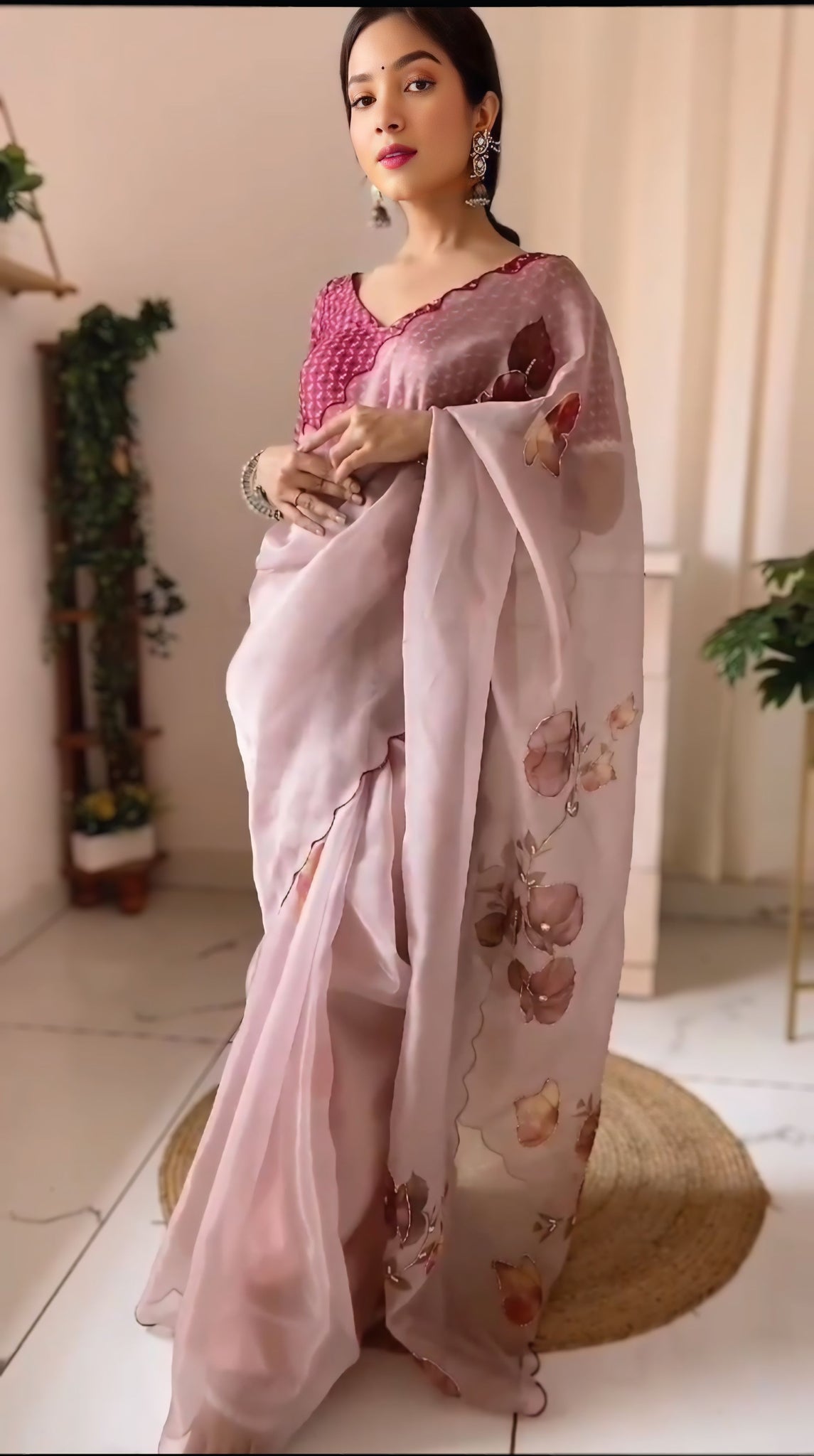 Dusty Rose Organza Silk Ready to Wear Saree with Moti and Floral Handwork with blouse