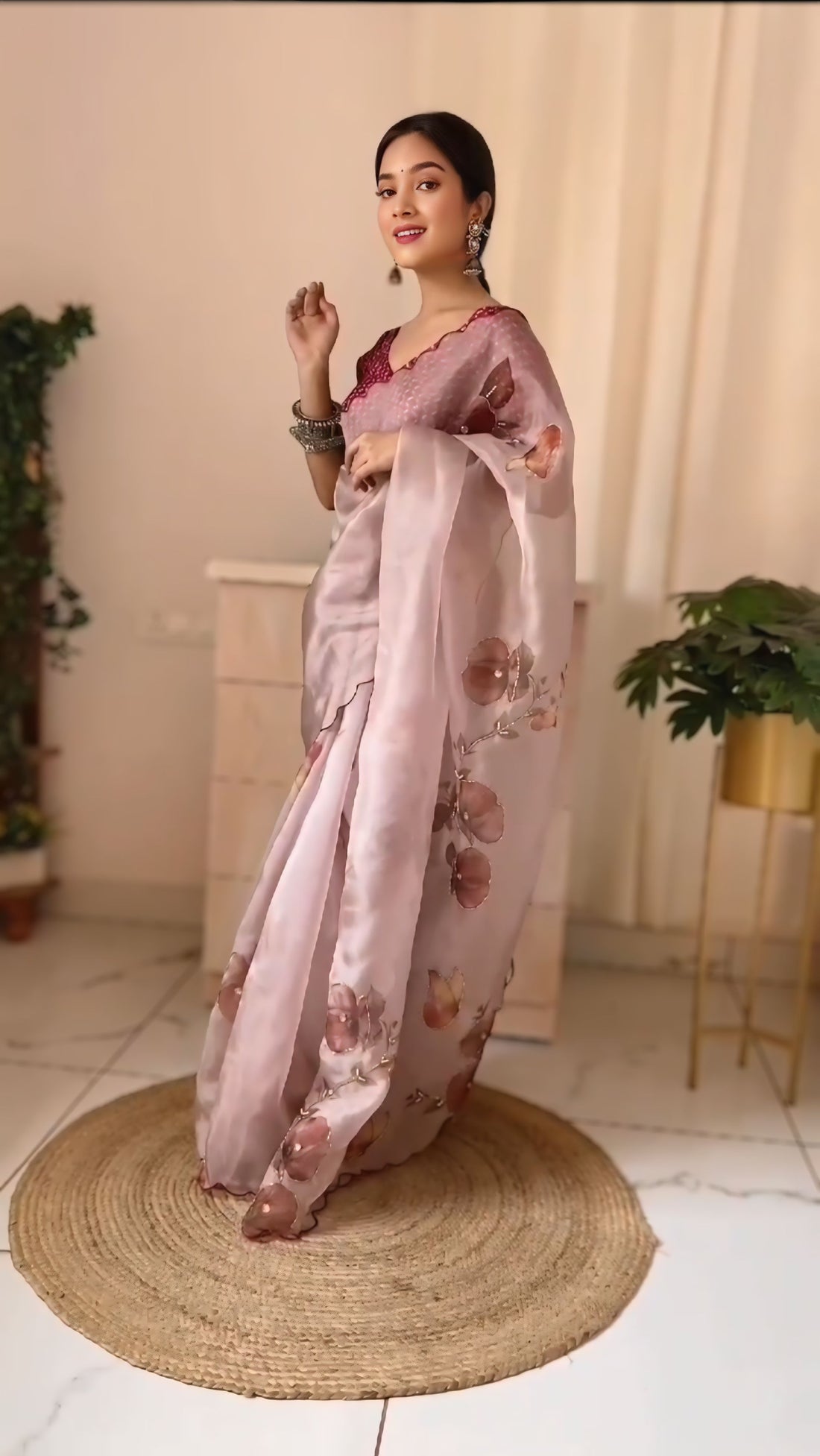 Dusty Rose Organza Silk Ready to Wear Saree with Moti and Floral Handwork with blouse