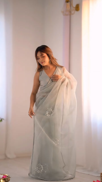 Light Grey Organza Silk Ready to Wear Saree with Cutdana and Moti Handwork with blouse