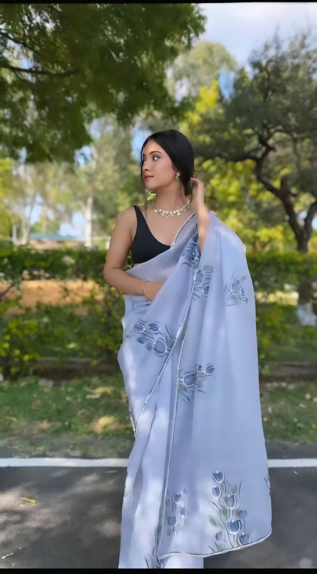 Lavender Ready To Wear Organza Silk Saree with Cutdana, Moti & Sequence Handwork with blouse