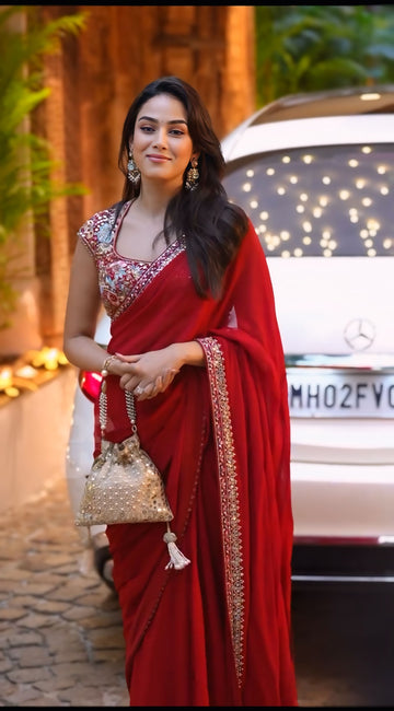 Luxury Red Rangoli Silk Designer Saree with Unstitched Embroidered Blouse