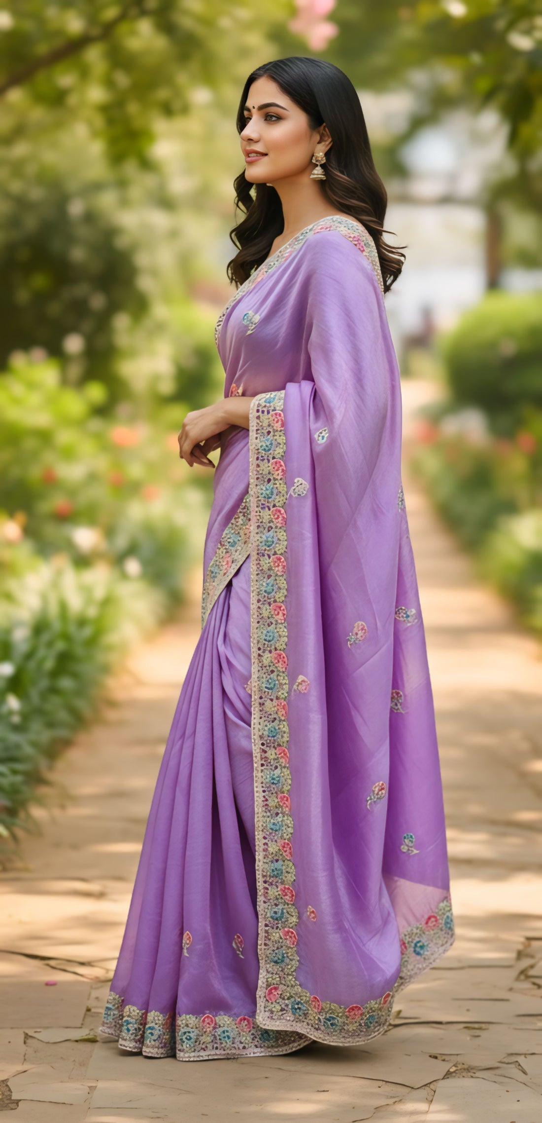 Stunning Lavender Soft Gold Crush Silk Saree with Embroidery Work & Stitched Blouse