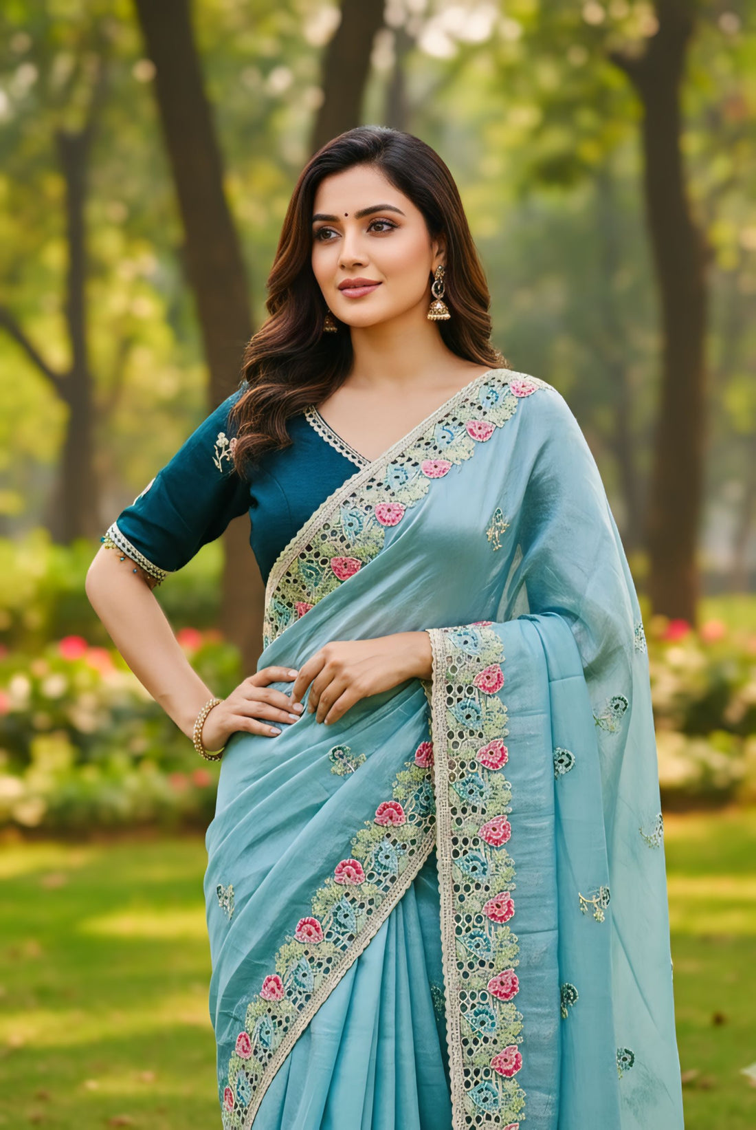 Stunning Sky Blue Soft Gold Crush Silk Saree with Embroidery Work & Stitched Blouse