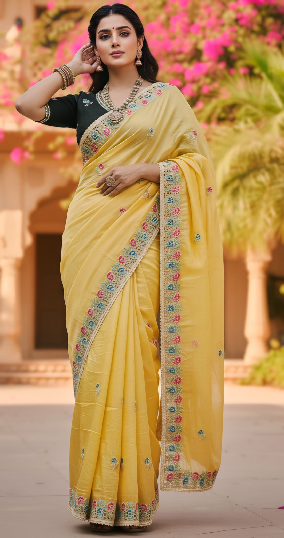 Stunning Mustard Yellow Soft Gold Crush Silk Saree with Embroidery Work & Stitched Blouse