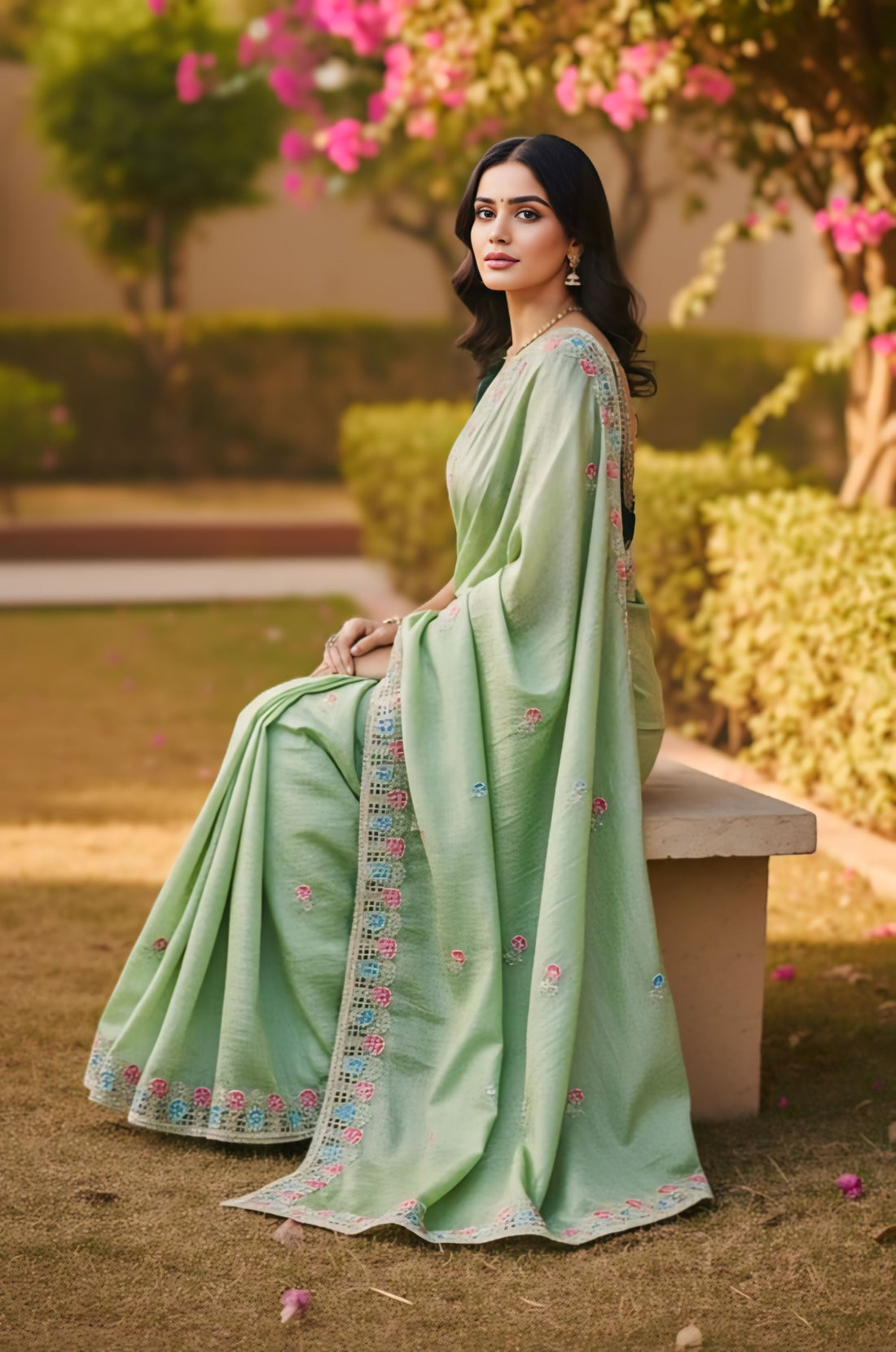 Stunning Pista Green Soft Gold Crush Silk Saree with Embroidery Work & Stitched Blouse