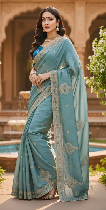 Pastel Teal Or Sea Green Fendy Chiffon Silk Saree with Sequence Butta Work Blouse