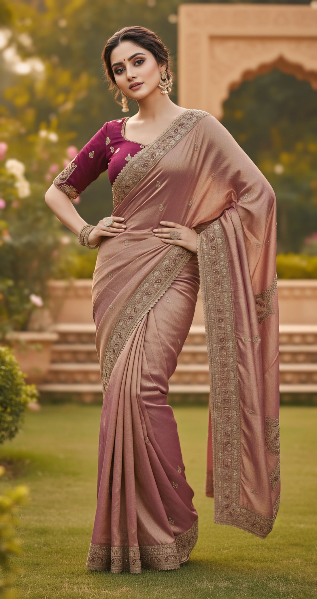 Rose Gold Fendy Chiffon Silk Saree with Sequence Butta Work Blouse