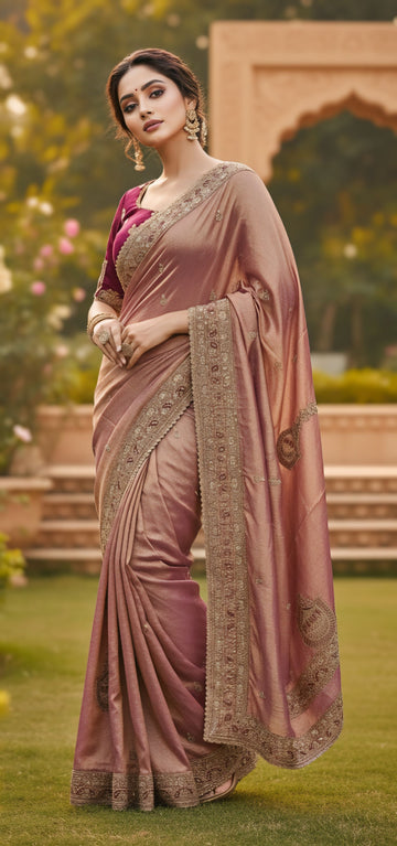 Rose Gold Fendy Chiffon Silk Saree with Sequence Butta Work Blouse