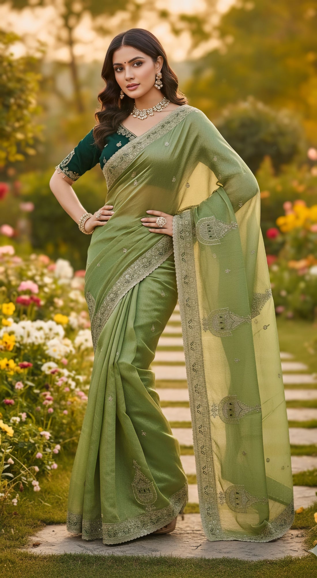 Pistachio Green Or Pastel Olive Green Fendy Chiffon Silk Saree with Sequence Butta Work Blouse