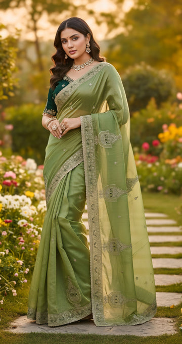 Pistachio Green Or Pastel Olive Green Fendy Chiffon Silk Saree with Sequence Butta Work Blouse