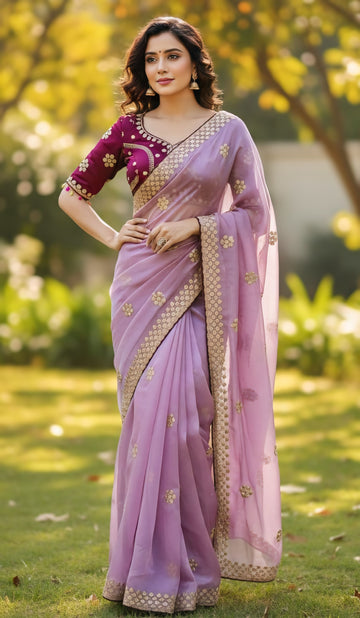 Designer Lavender Jimichu Silk Party Wear Saree with Stitched Blouse