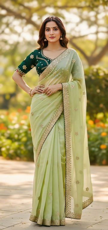 Designer Light Pastel Pista Green Jimichu Silk Party Wear Saree with Stitched Blouse