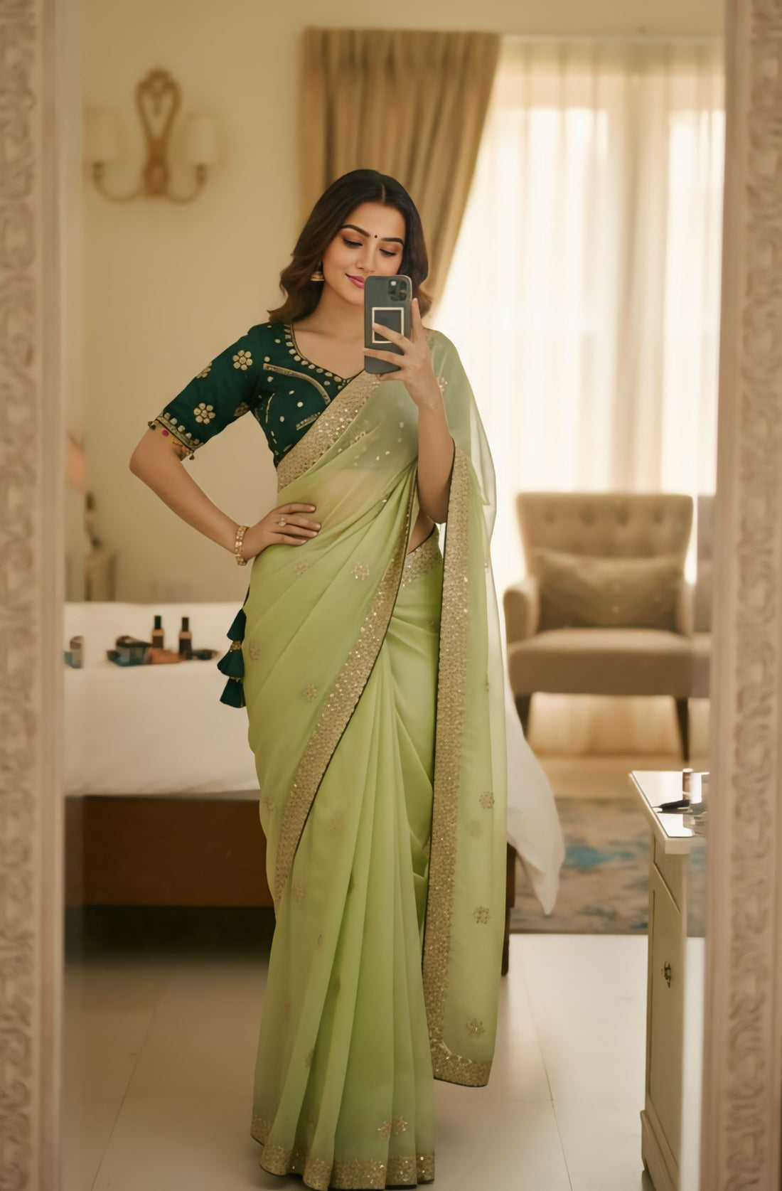 Designer Light Pastel Pista Green Jimichu Silk Party Wear Saree with Stitched Blouse