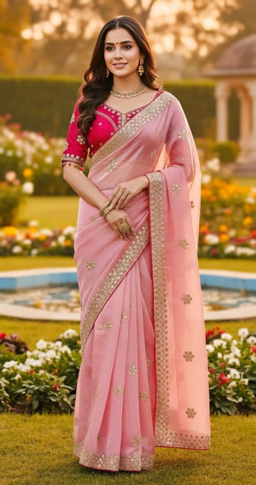 Designer Pastel Peach-Pink Jimichu Silk Party Wear Saree with Stitched Blouse
