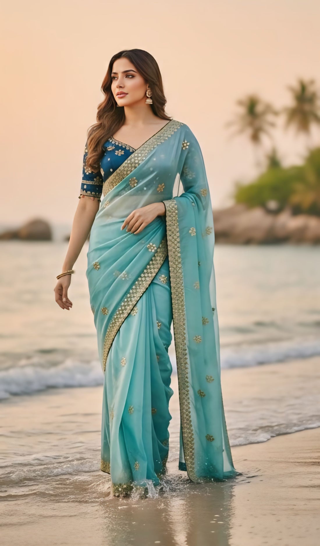 Designer Aqua Blue Jimichu Silk Party Wear Saree with Stitched Blouse