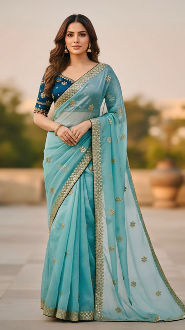 Designer Aqua Blue Jimichu Silk Party Wear Saree with Stitched Blouse