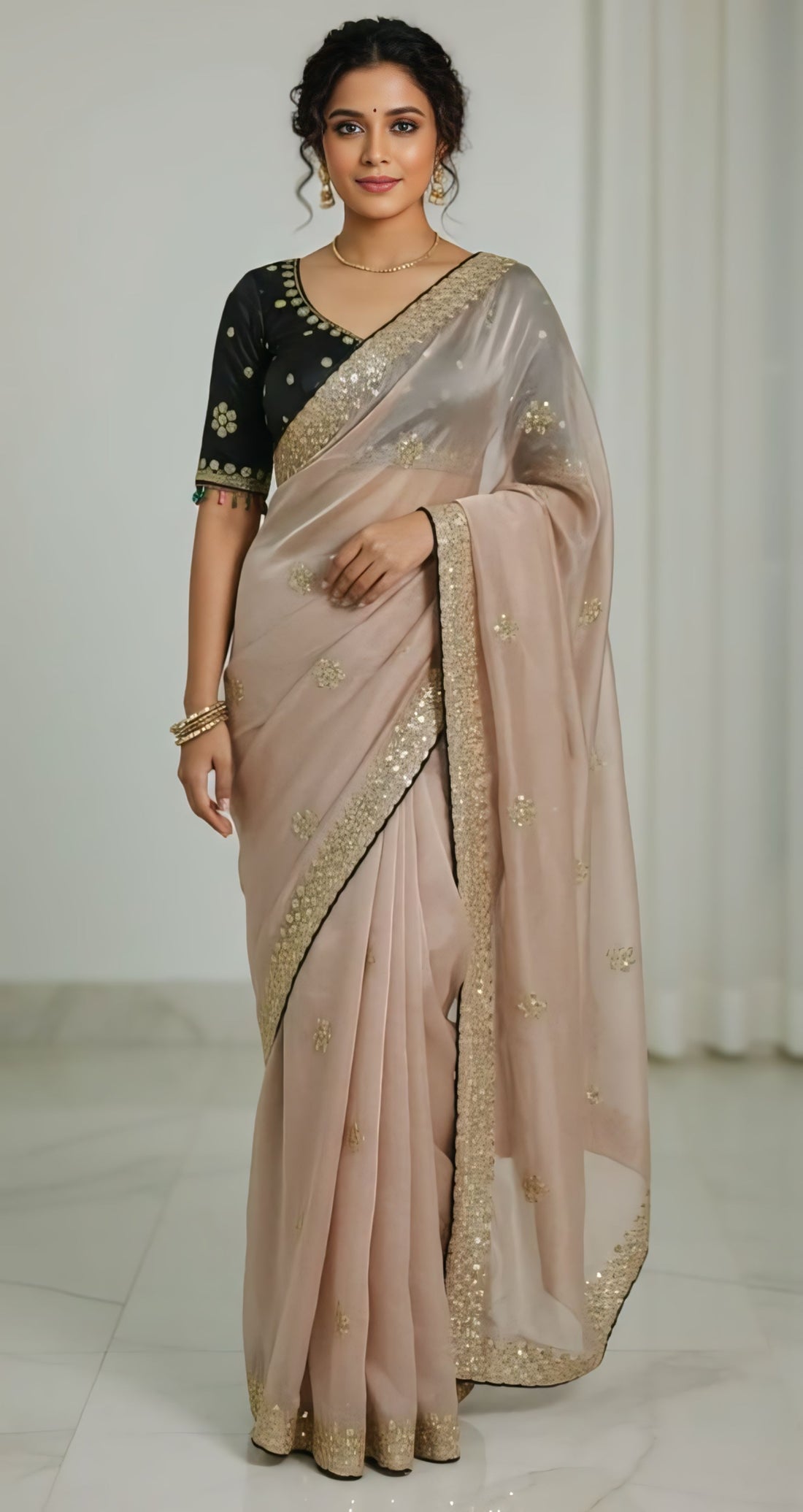 Designer Beige Gold Jimichu Silk Party Wear Saree with Stitched Blouse