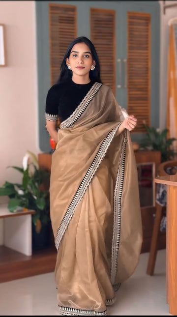 Designer Golden Beige Tweel Net Silk Party Wear Saree with Unstitched Blouse