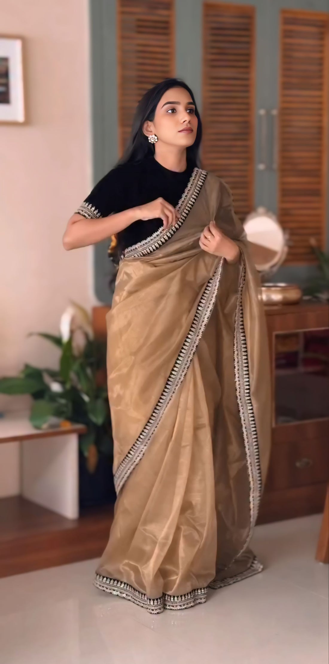 Designer Golden Beige Tweel Net Silk Party Wear Saree with Unstitched Blouse