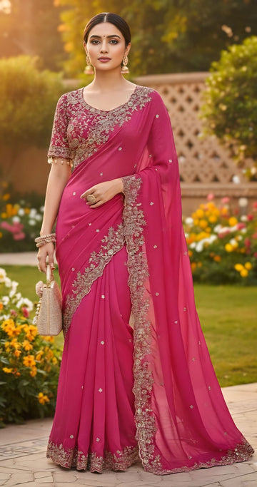 Designer Rani Pink Fendy Silk Party Wear Saree with Stitched Embroidered Blouse