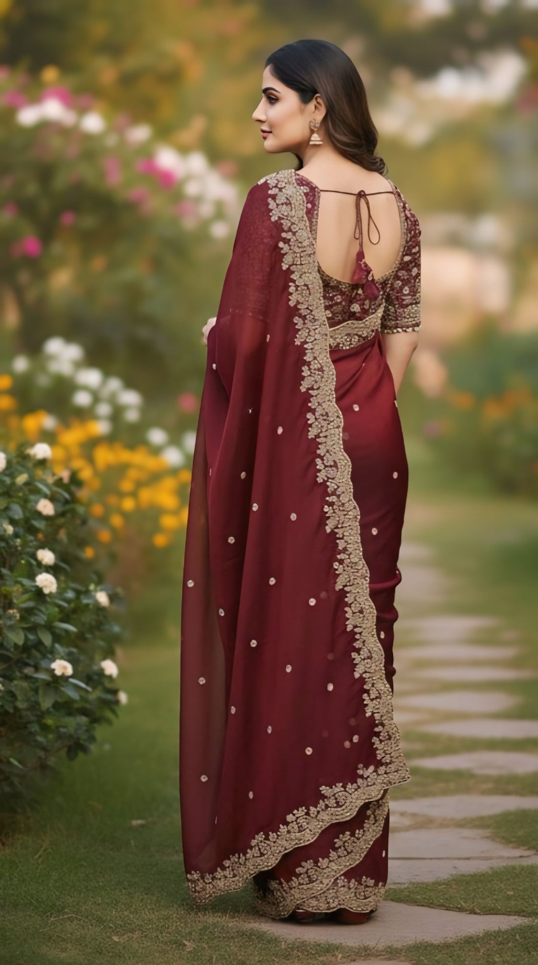 Designer Maroon Fendy Silk Party Wear Saree with Stitched Embroidered Blouse