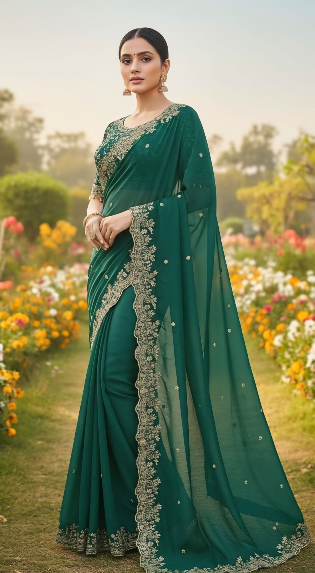 Designer Green Fendy Silk Party Wear Saree with Stitched Embroidered Blouse