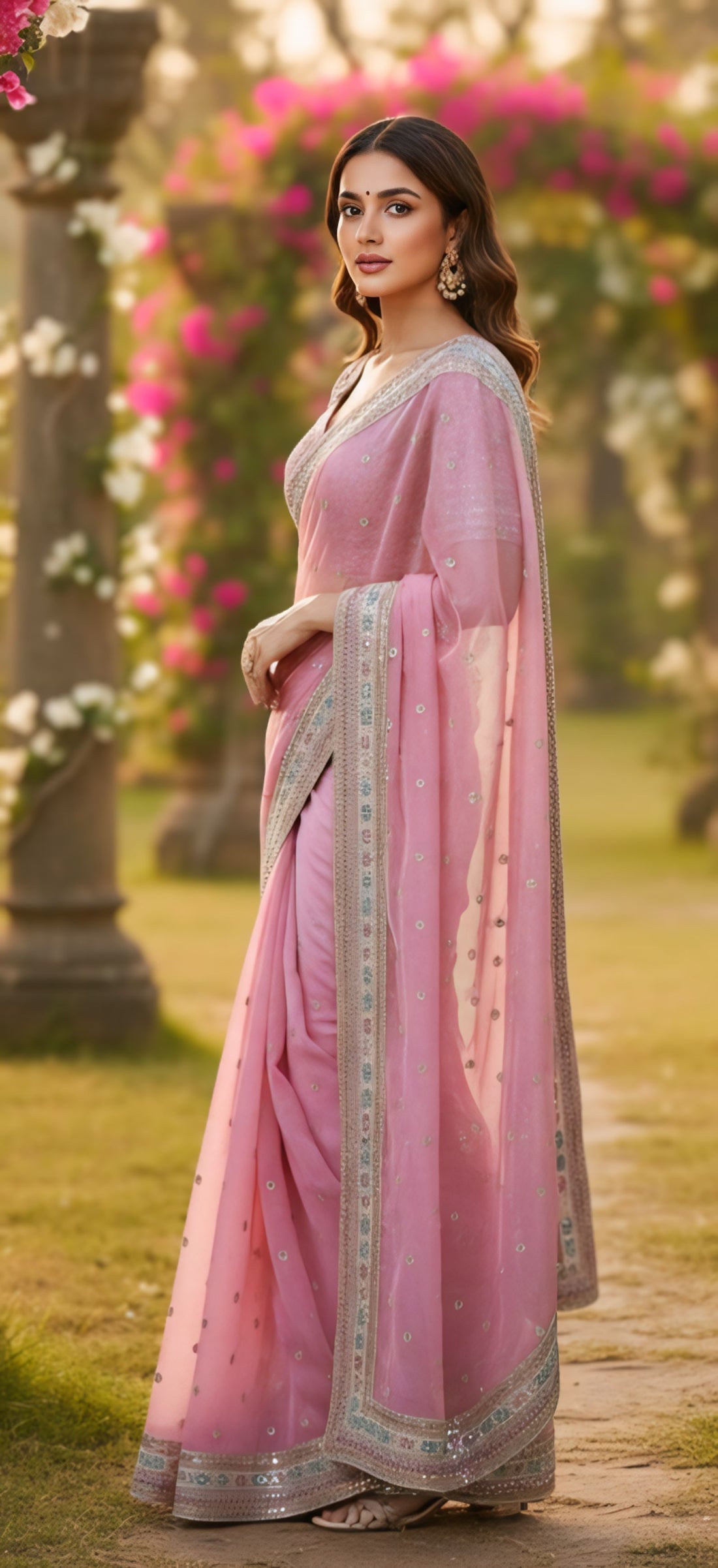 Elite Pink Organza Silk Saree with Unstitched Blouse