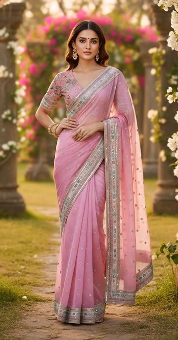 Elite Pink Organza Silk Saree with Unstitched Blouse