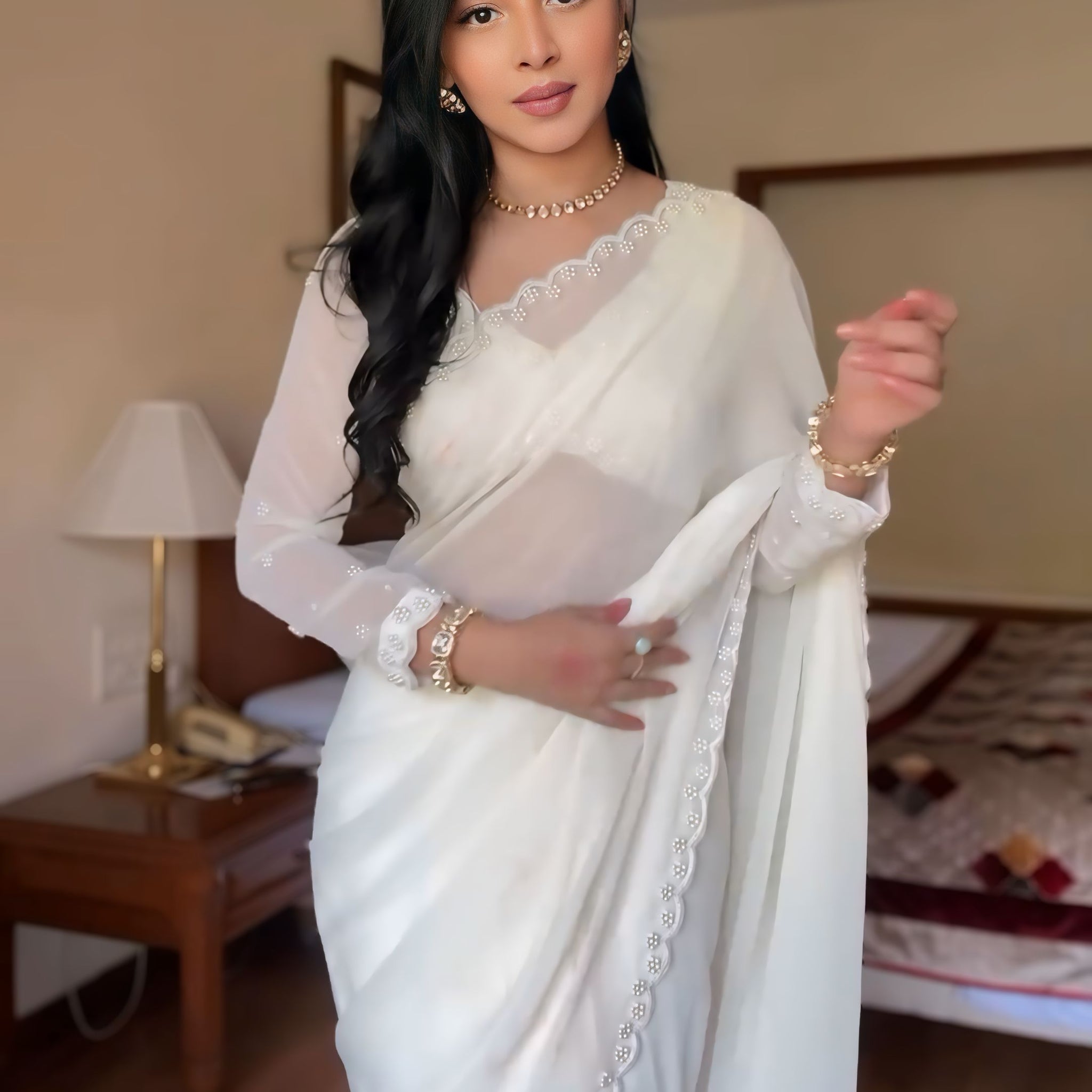 Pure White GeorgetteEmbroidered Scallop Lace On The Borders Georgette Ready To Wear Saree With Unstitched Blouse